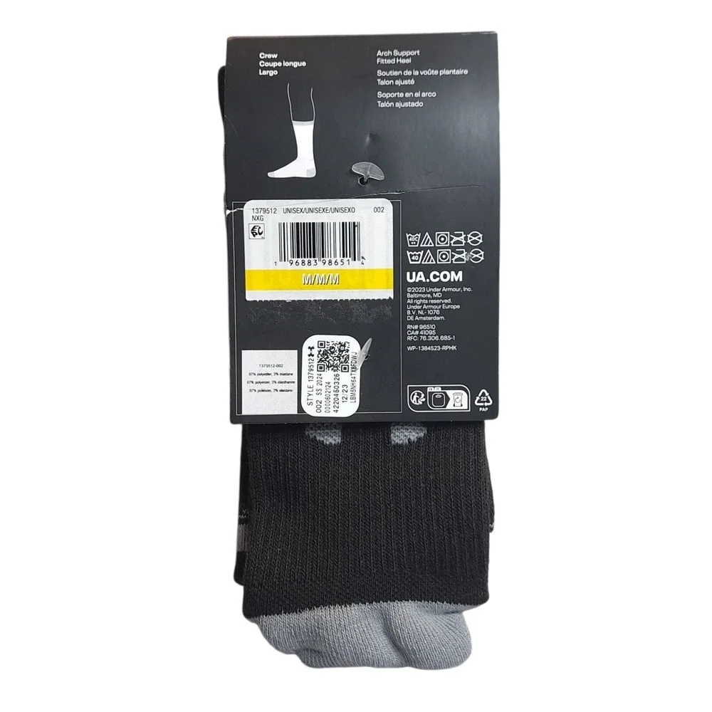 Under Armour 3 Pairs Unisex Cushioned Crew Socks Black/Gray M 7-8.5‎ W 6-10
